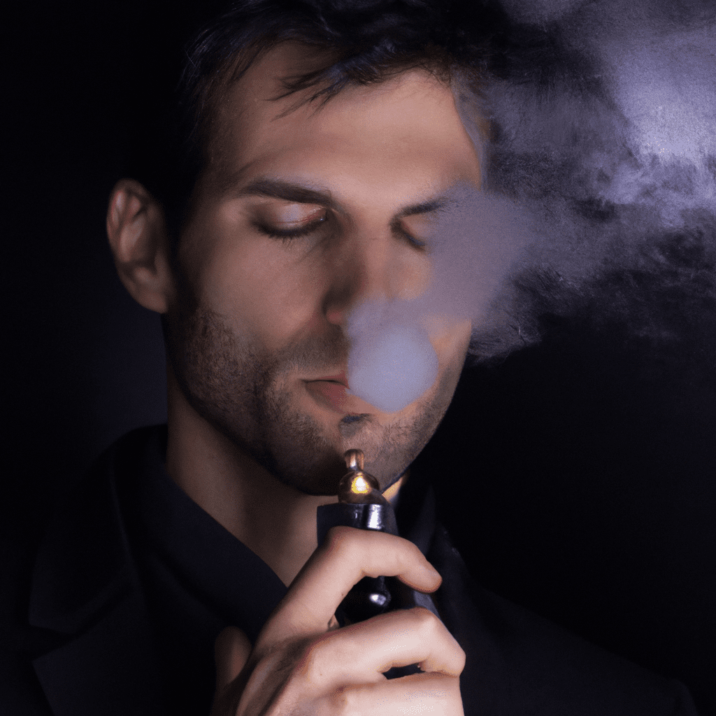 Un homme élégant exhale une vapeur parfumée.
